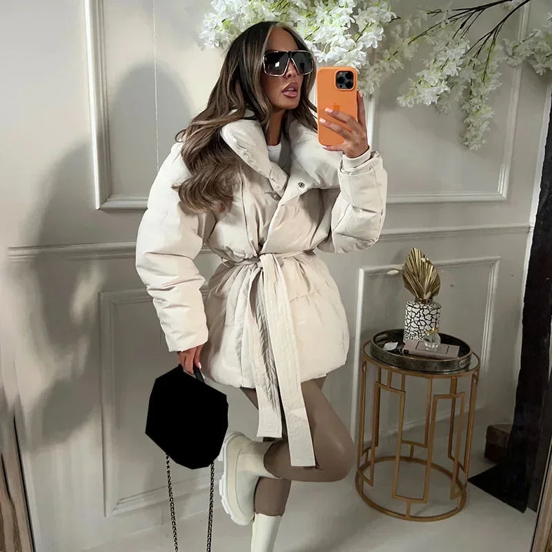 Womens oversized belted puffer jacket, view 7