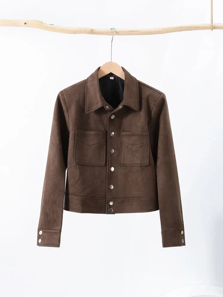 Womens brown faux suede cropped jacket, view 7