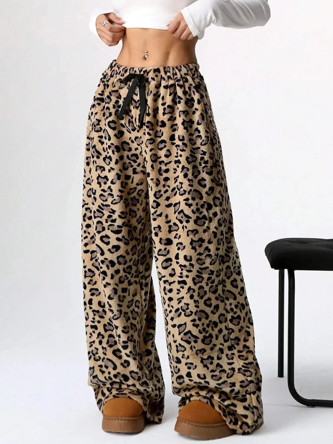 Holly womens leopard fleece wide leg sweatpants
