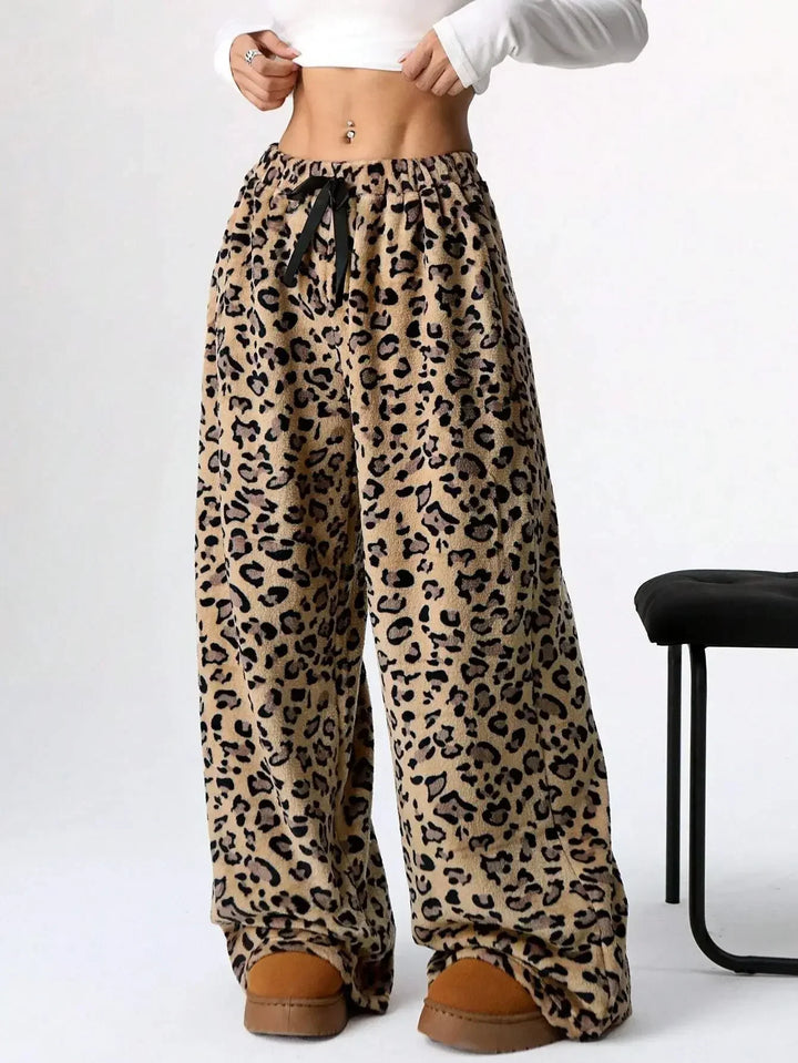 Holly womens leopard fleece wide leg sweatpants
