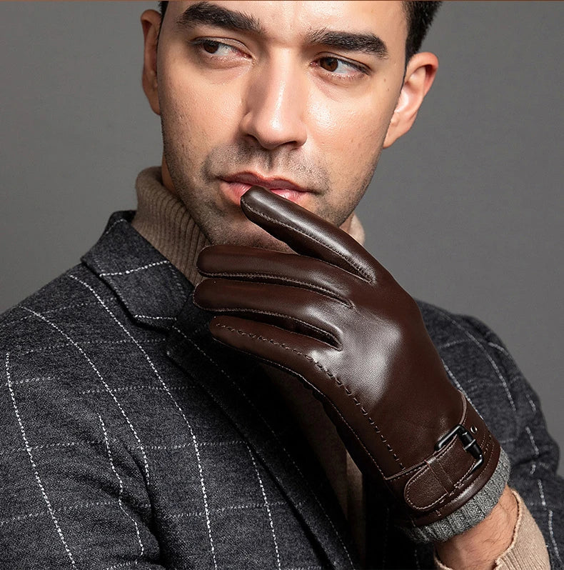 Finn | Leather Gloves Buckle Strap Knitted Lining
