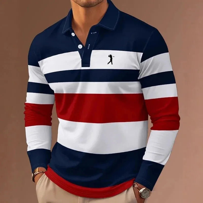 Mens rugby stripe long sleeve polo shirt, view 5