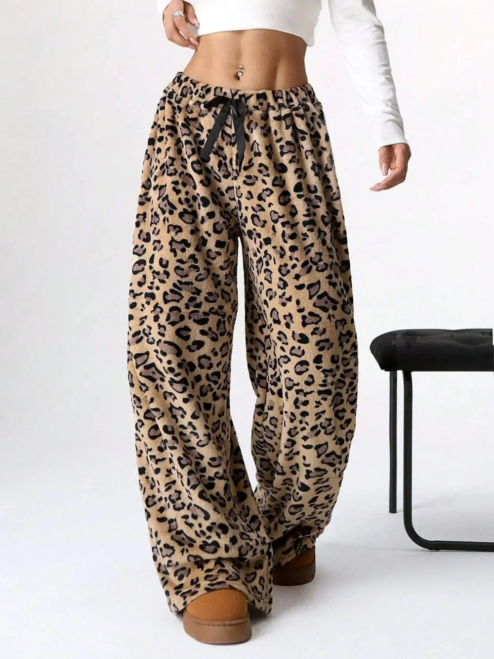 Holly womens leopard fleece wide leg sweatpants