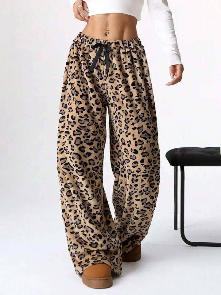 Holly womens leopard fleece wide leg sweatpants