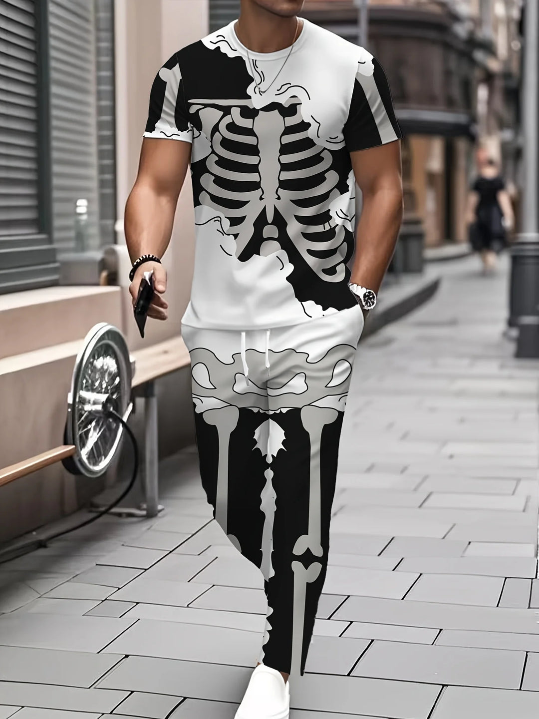 Mens skeleton graphic shorts set, view 1
