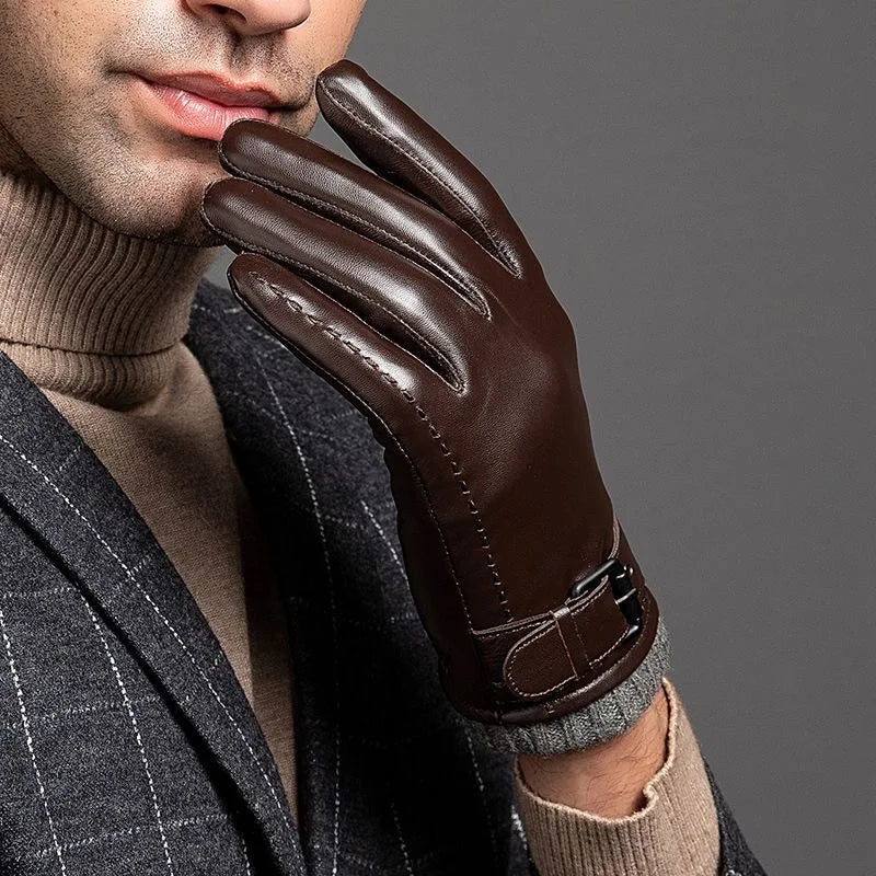 Finn | Leather Gloves Buckle Strap Knitted Lining
