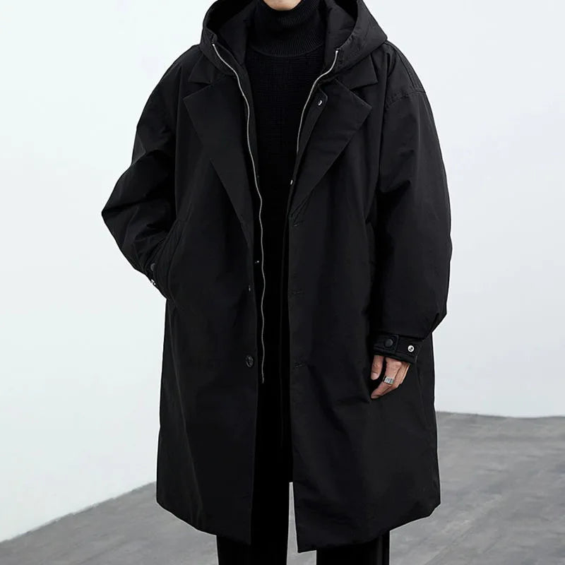 Dale | Mens Hooded Trench Coat Relaxed Fit Button Front Long Sleeve