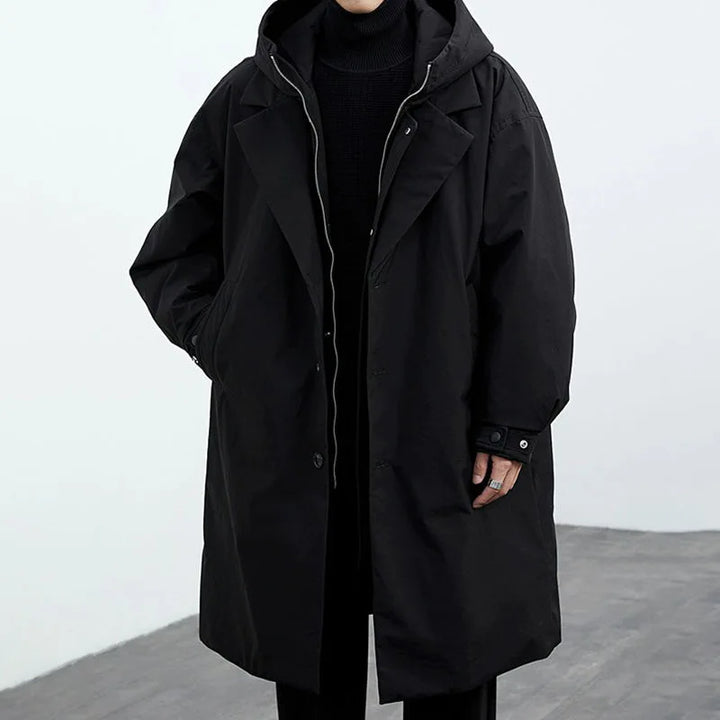 Dale | Mens Hooded Trench Coat Relaxed Fit Button Front Long Sleeve
