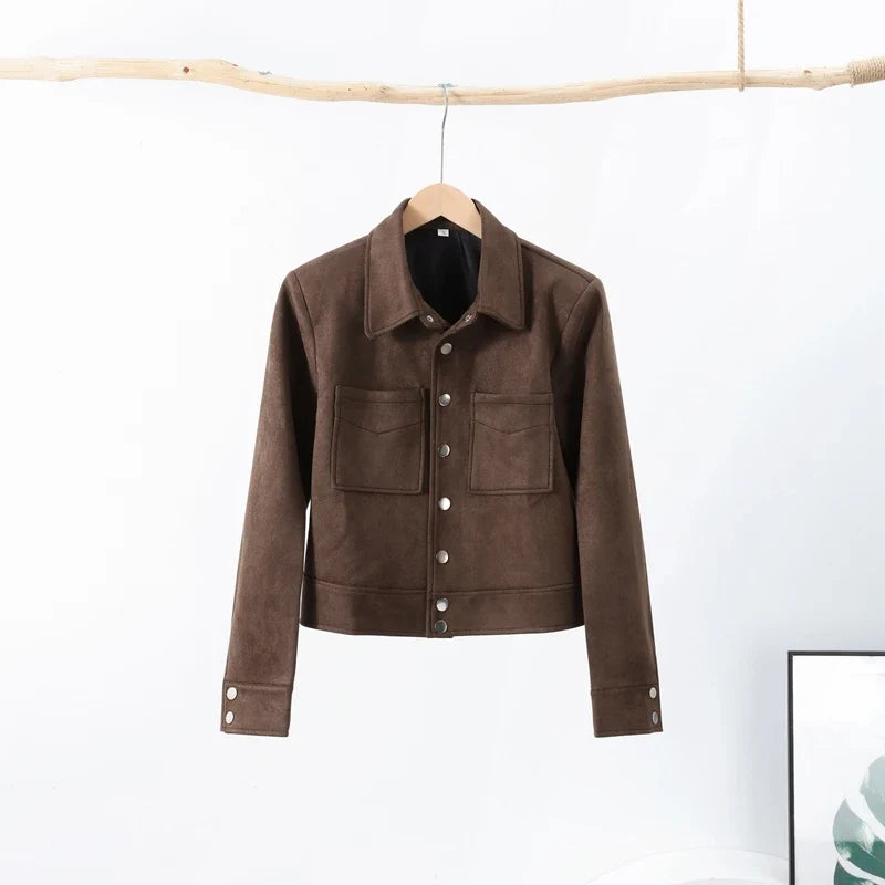 Womens brown faux suede cropped jacket, view 1