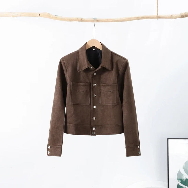 Womens brown faux suede cropped jacket, view 1