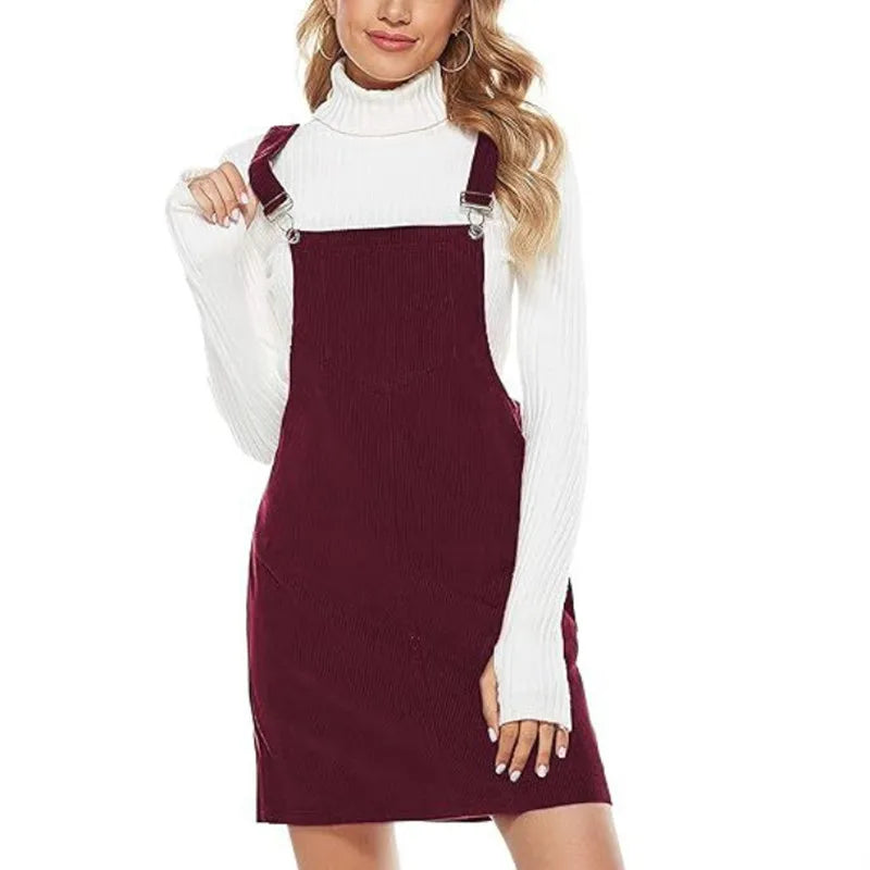 Womens corduroy pinafore overall mini dress, view 2