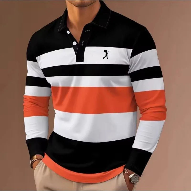 Mens rugby stripe long sleeve polo shirt, view 1