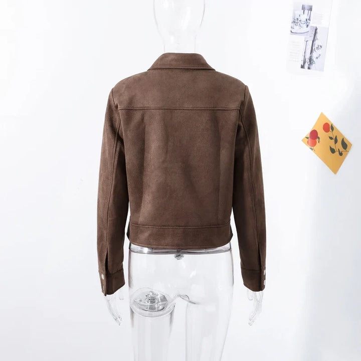 Womens brown faux suede cropped jacket, view 8