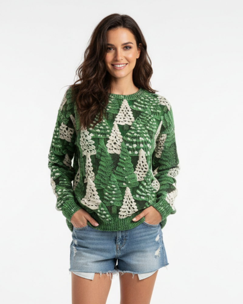 Zara | Womens Green Knit Graphic Crewneck Sweater