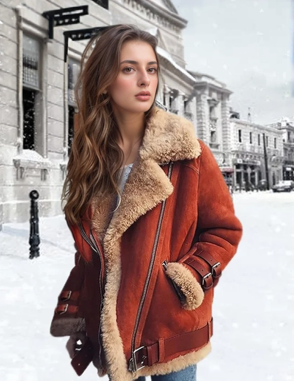 Womens faux suede shearling aviator jacket, view 2