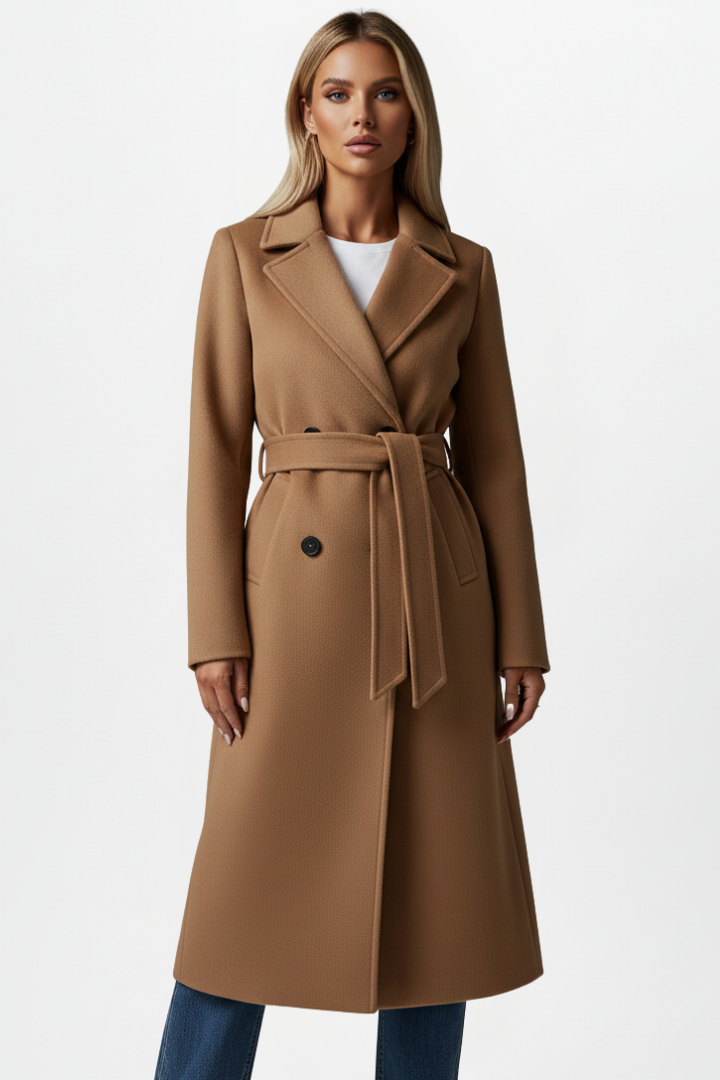 Womens belted longline double-breasted coat, view 2