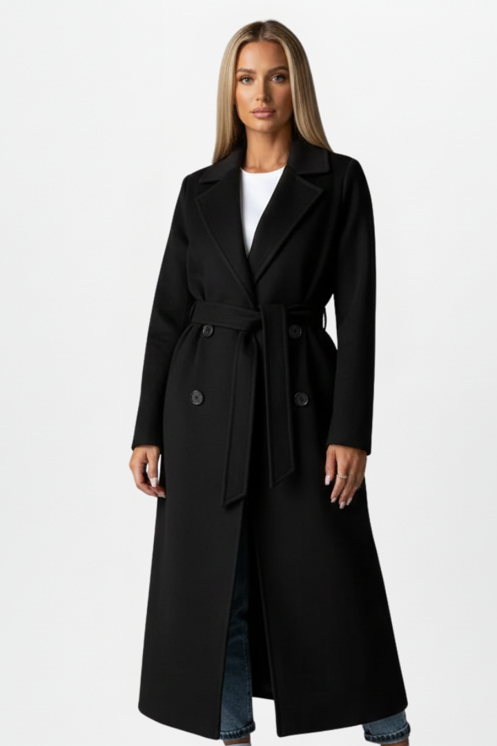 Womens belted longline double-breasted coat, view 3