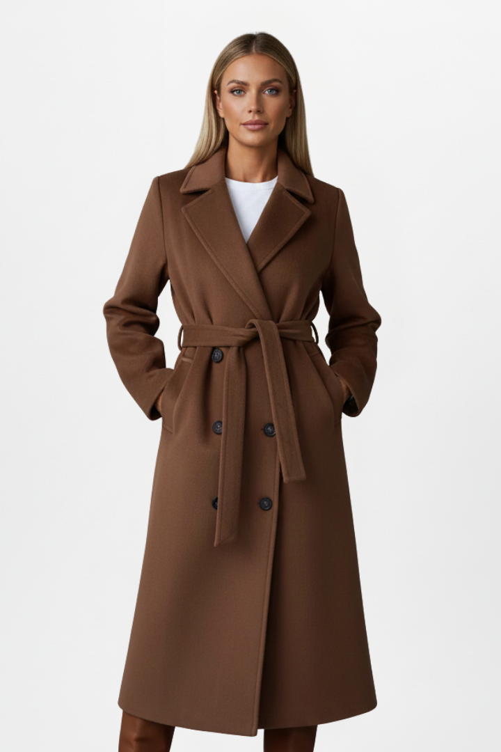 Womens belted longline double-breasted coat, view 4