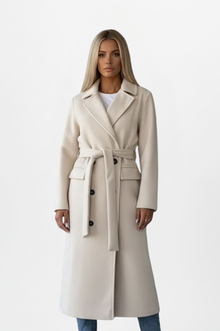 Womens belted longline double-breasted coat, view 1