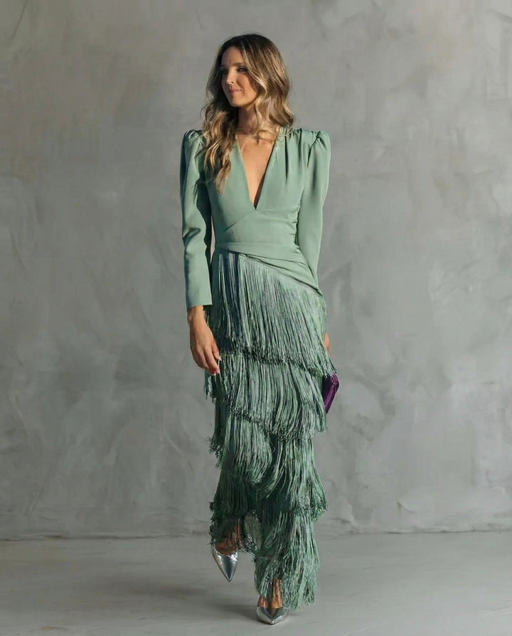 Nora womens long sleeve fringe maxi dress