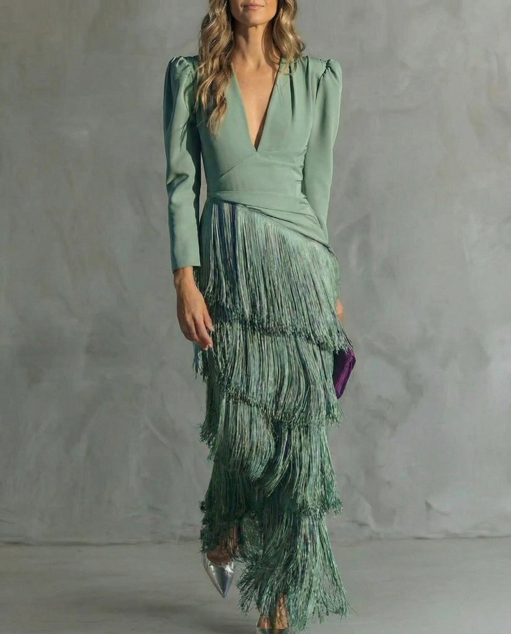 Nora womens long sleeve fringe maxi dress
