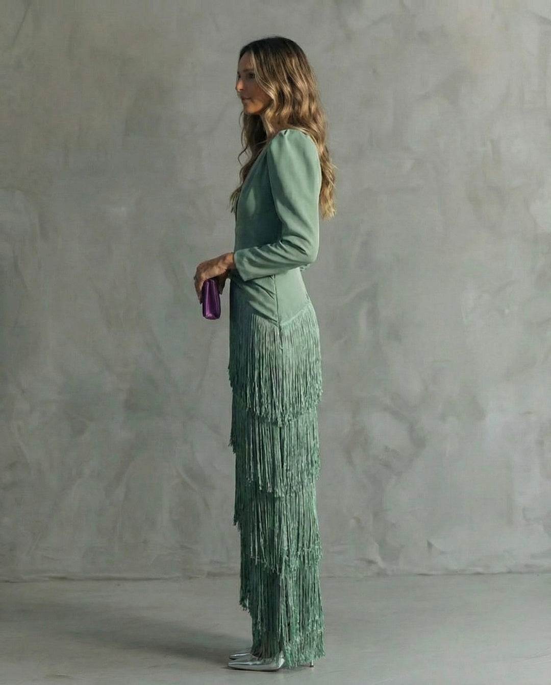 Nora womens long sleeve fringe maxi dress