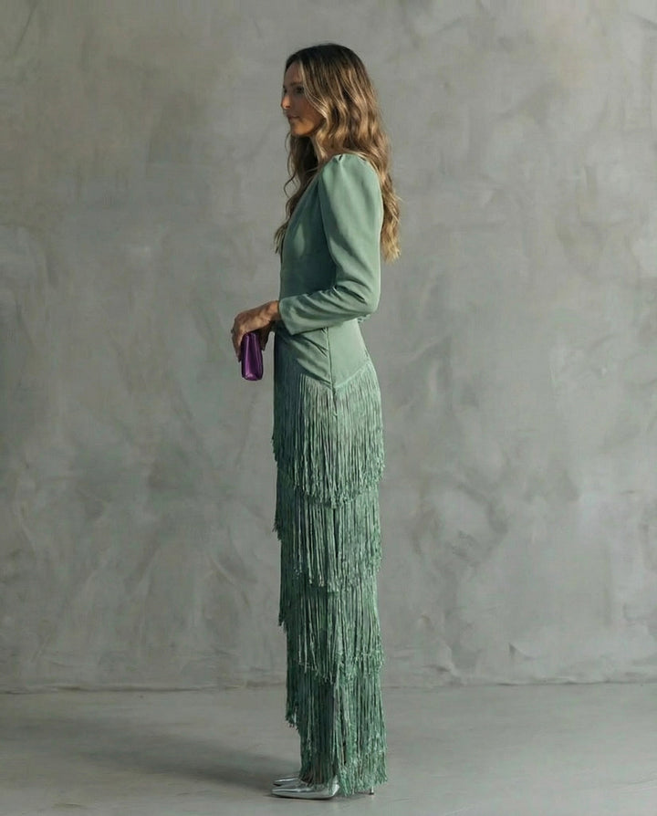 Nora womens long sleeve fringe maxi dress
