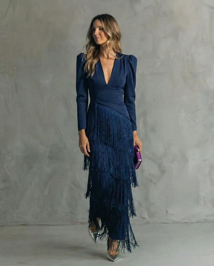 Nora womens long sleeve fringe maxi dress