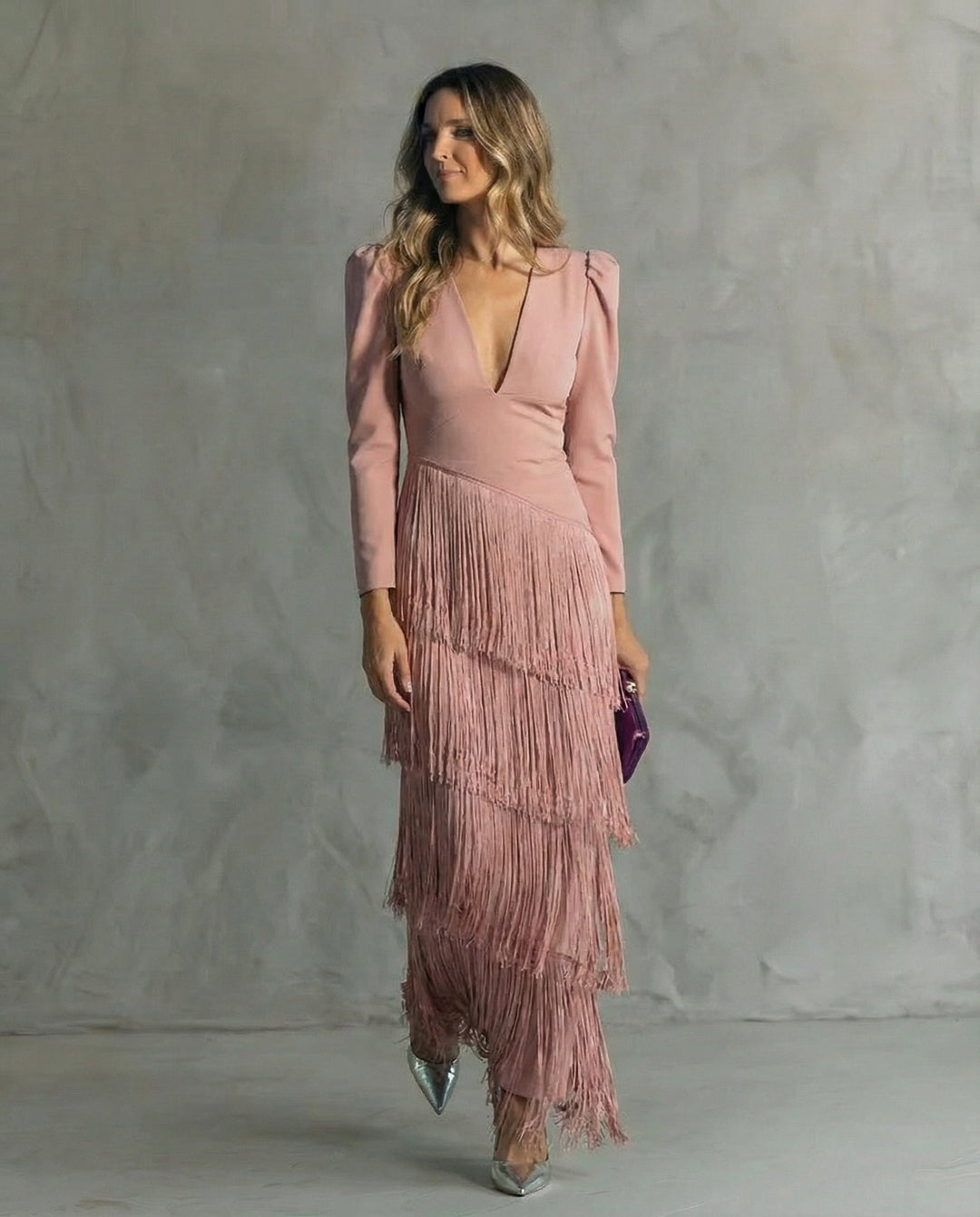 Nora womens long sleeve fringe maxi dress