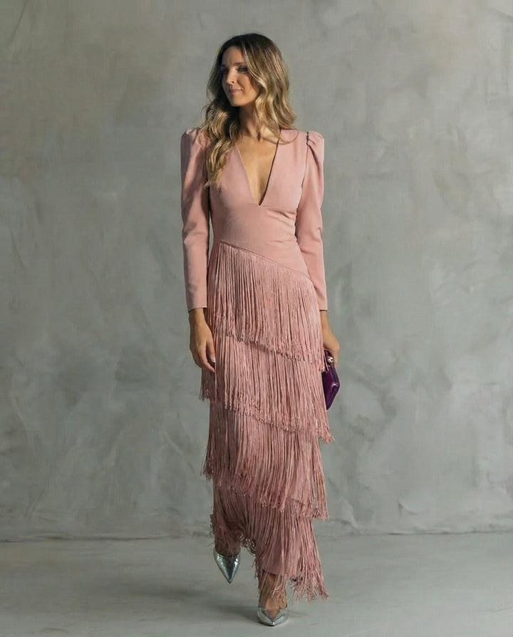 Nora womens long sleeve fringe maxi dress