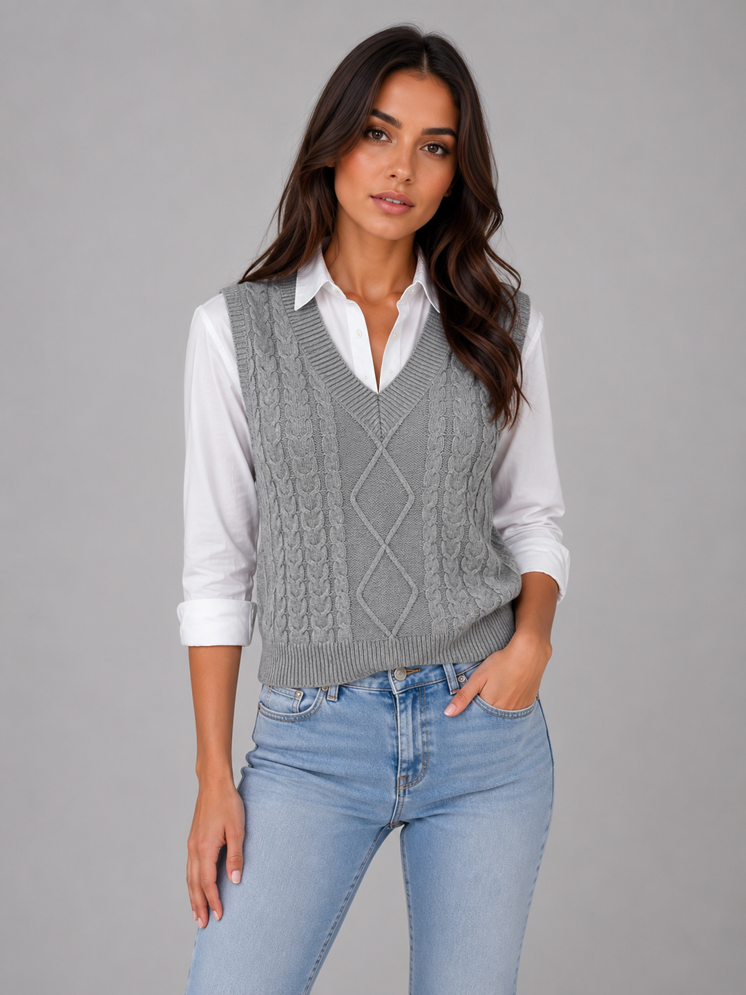 Womens cable knit sweater vest, view 1