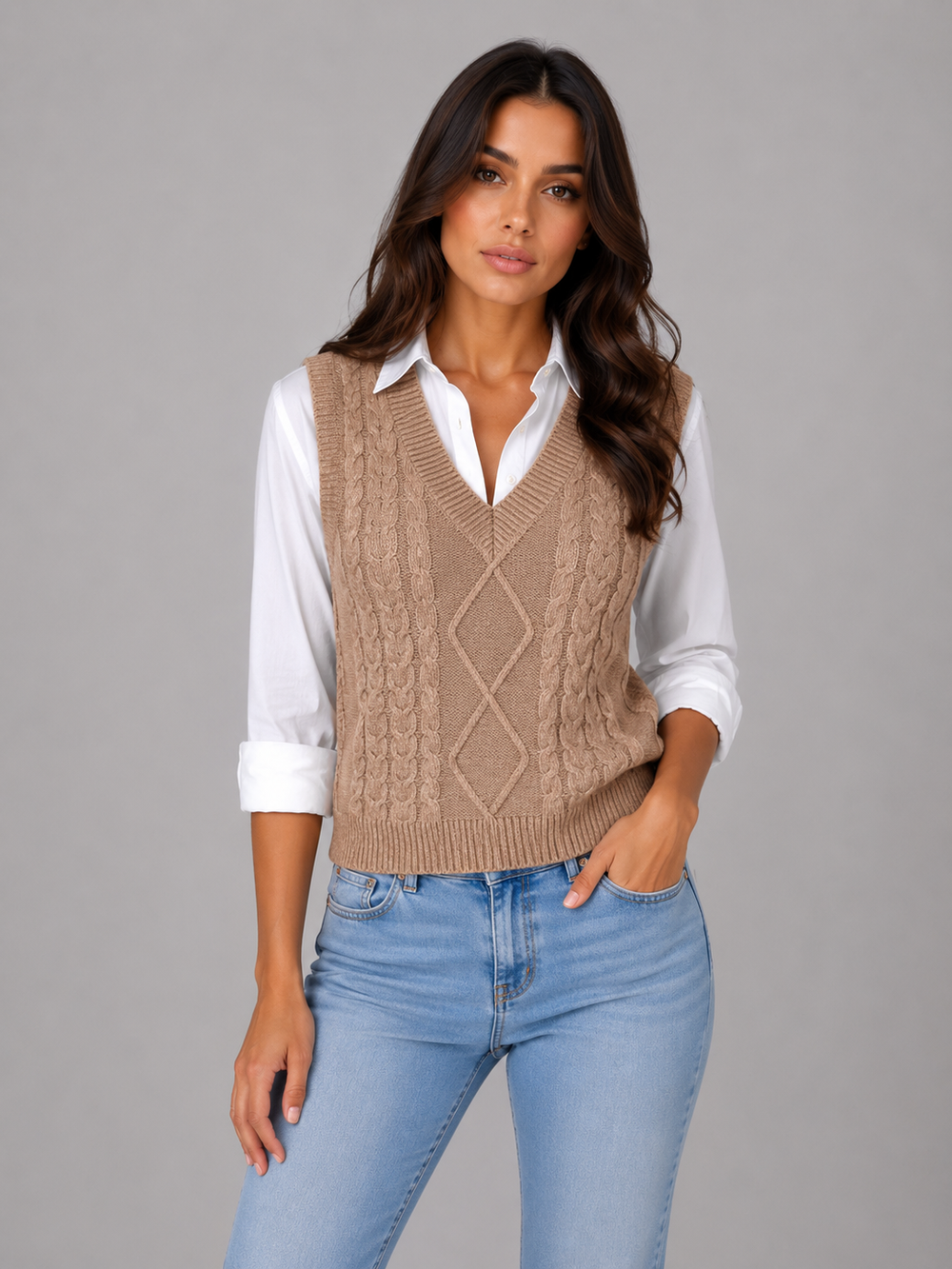 Womens cable knit sweater vest, view 2