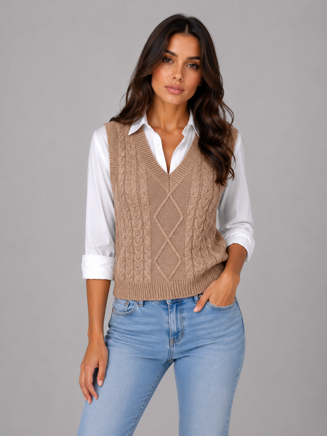Womens cable knit sweater vest, view 2