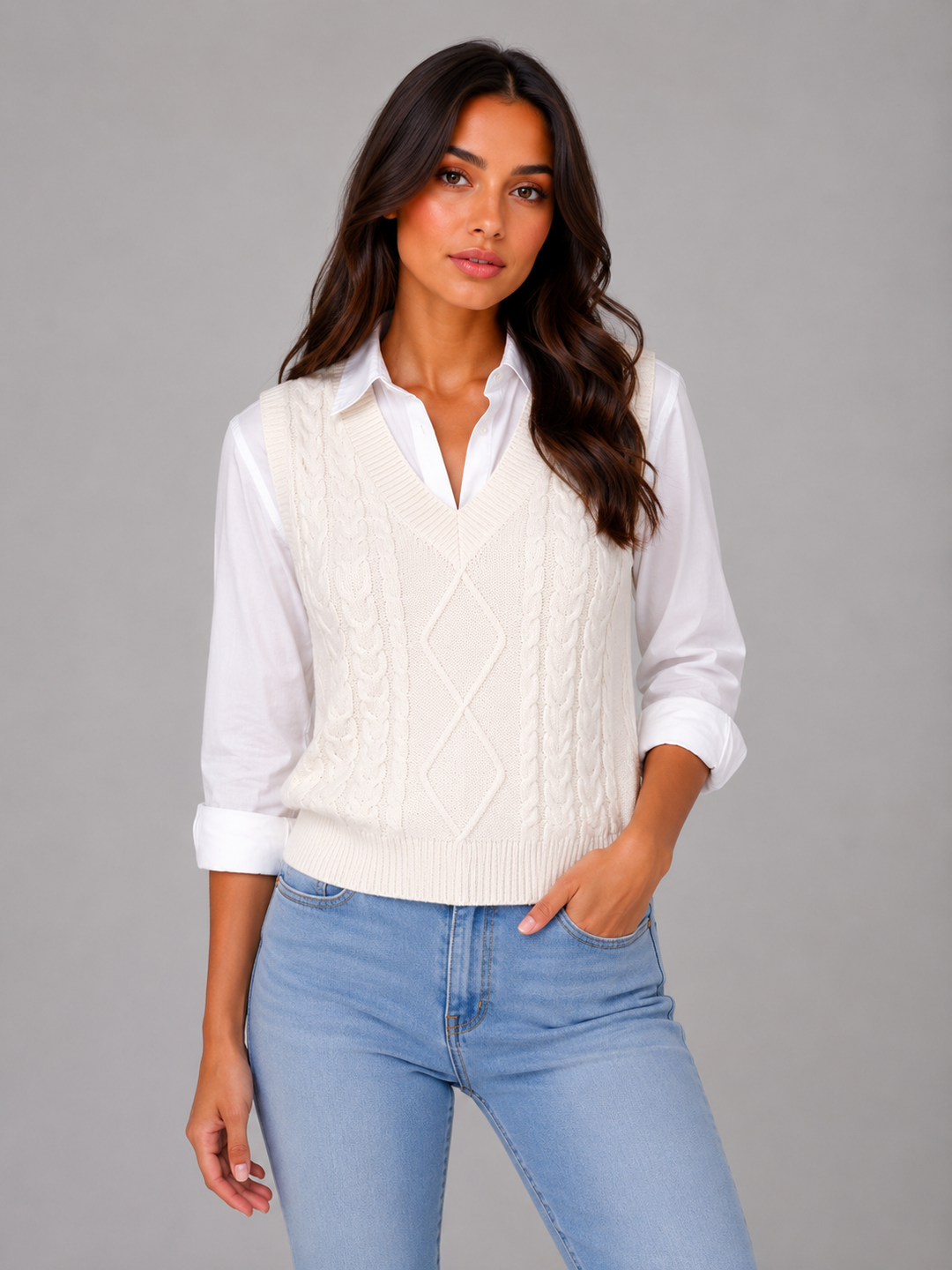 Womens cable knit sweater vest, view 3