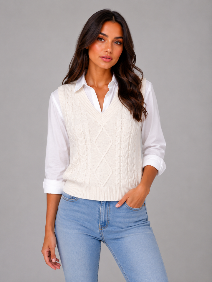 Womens cable knit sweater vest, view 3