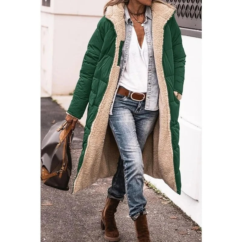 Womens long sherpa-lined quilted coat, view 5