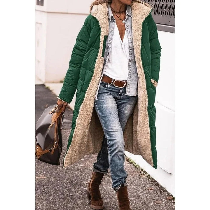 Womens long sherpa-lined quilted coat, view 5
