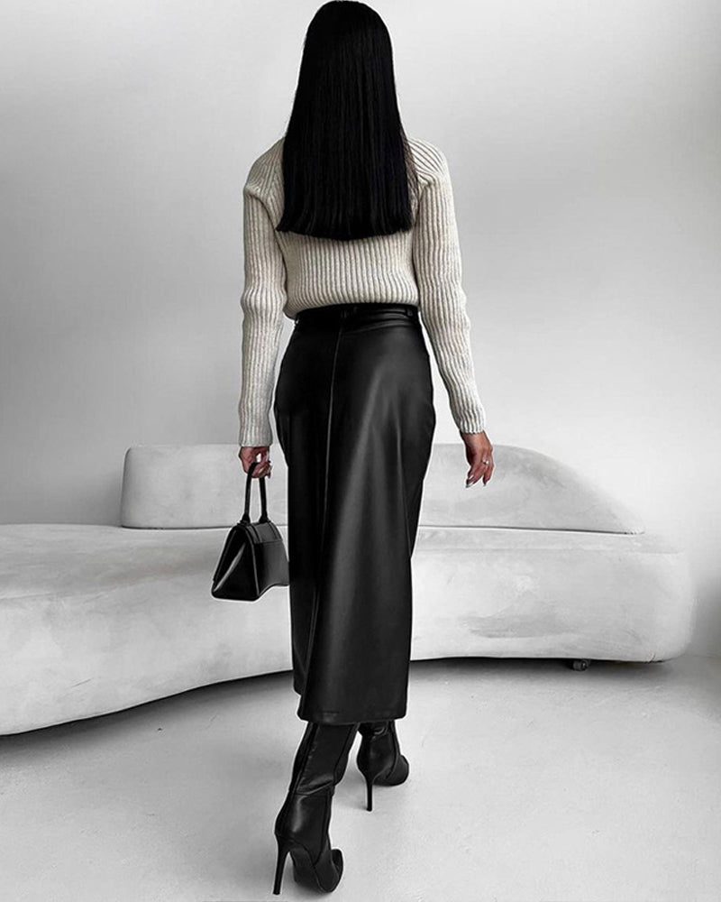 Womens black faux leather midi skirt, view 3