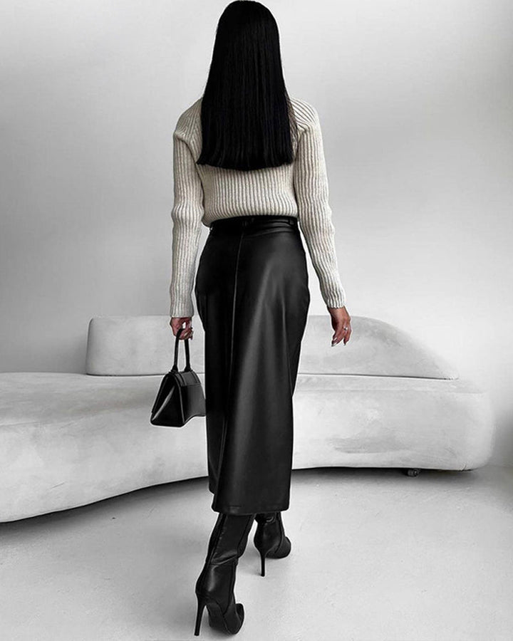 Womens black faux leather midi skirt, view 3