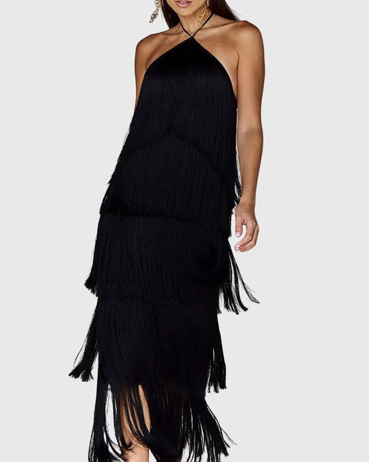 Shelby womens backless halter fringe maxi dress