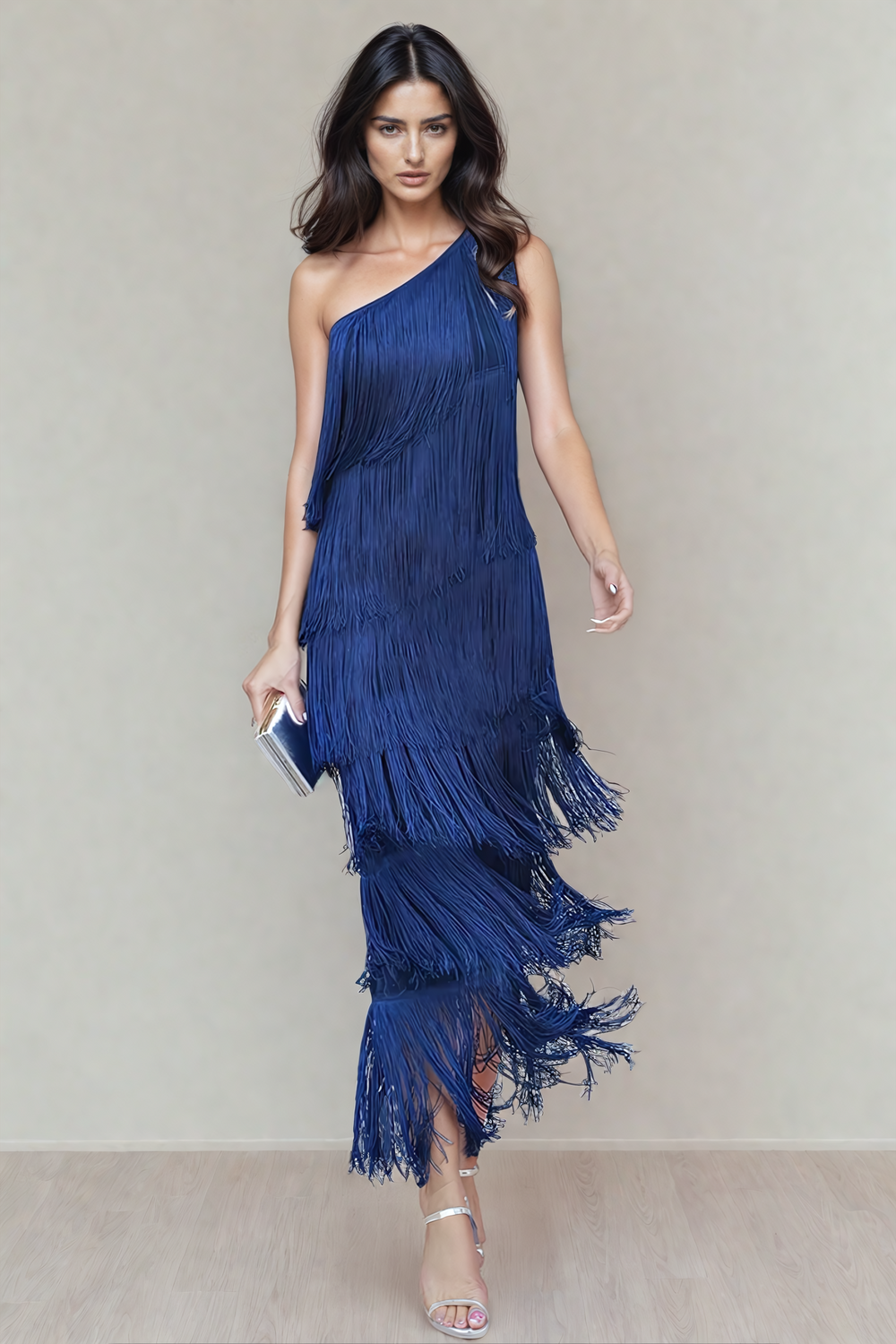 Layla womens one-shoulder fringe midi dress