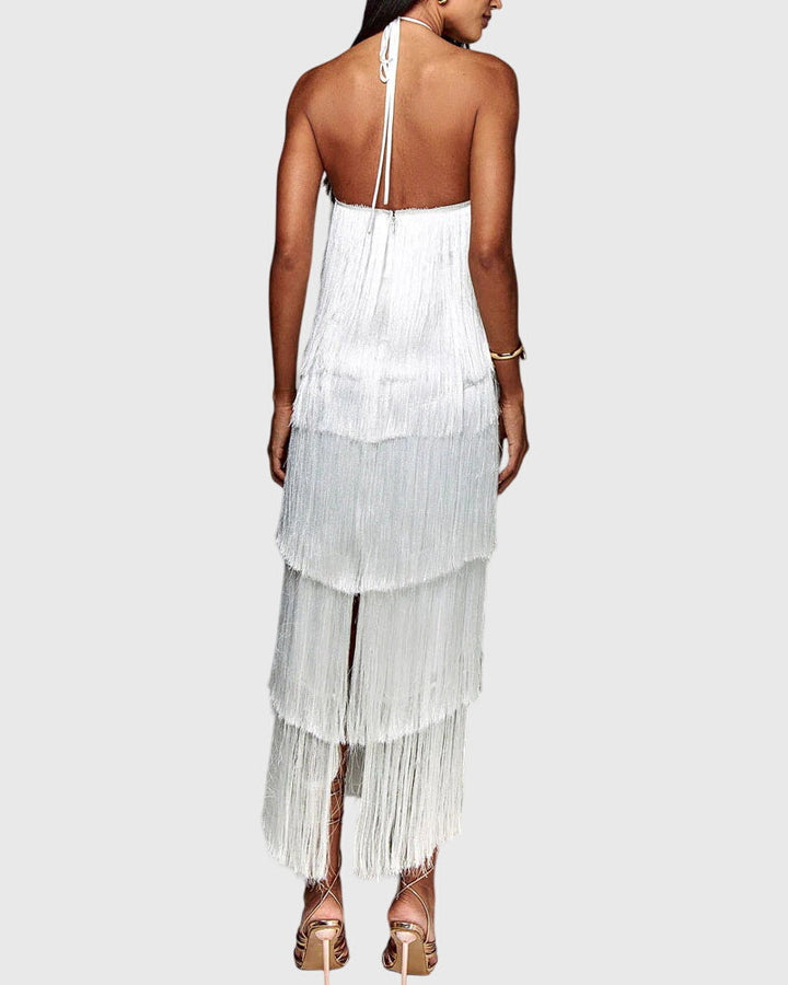 Shelby womens backless halter fringe maxi dress