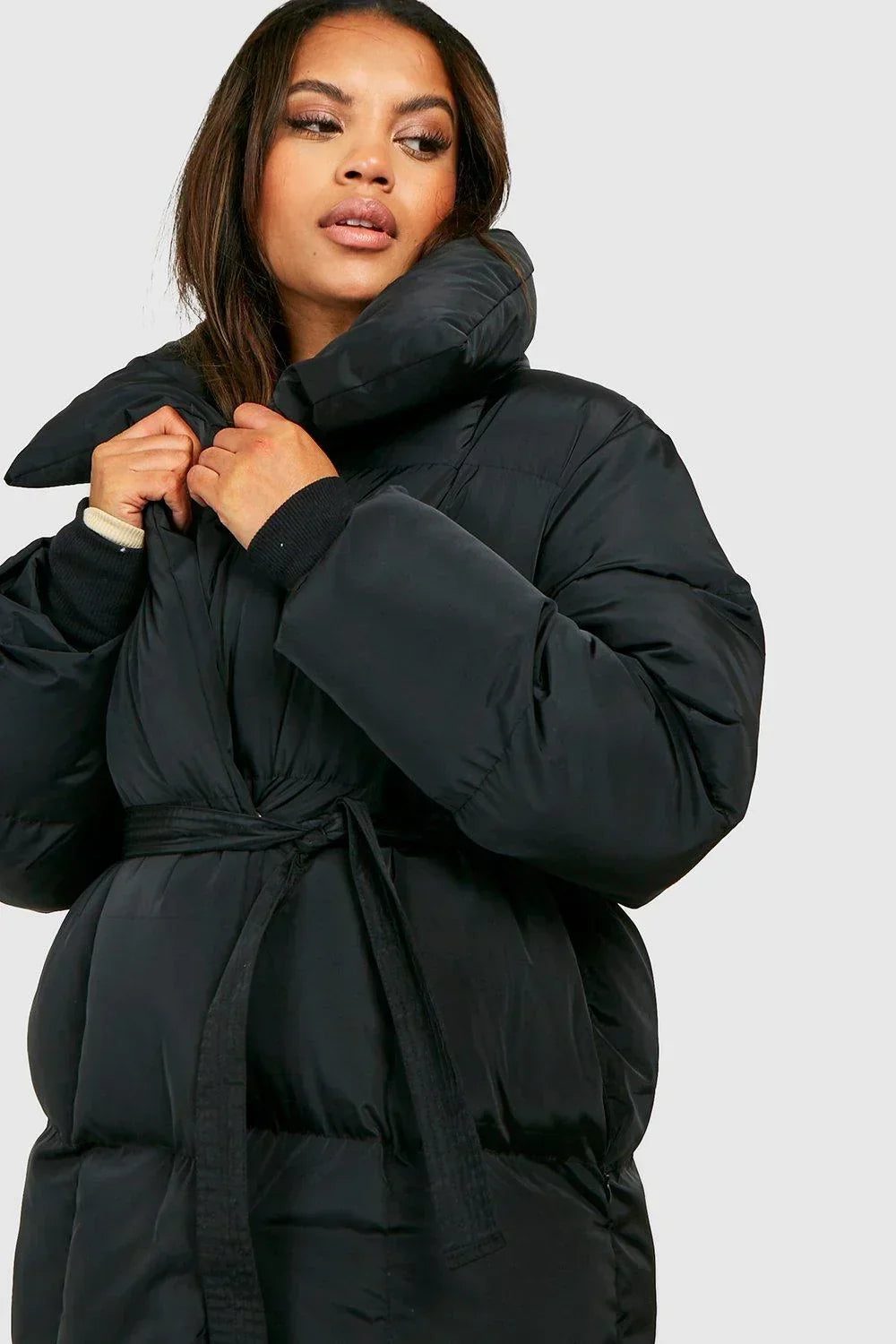 Womens oversized belted puffer jacket, view 6