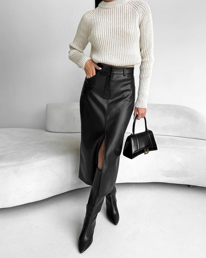 Womens black faux leather midi skirt, view 2