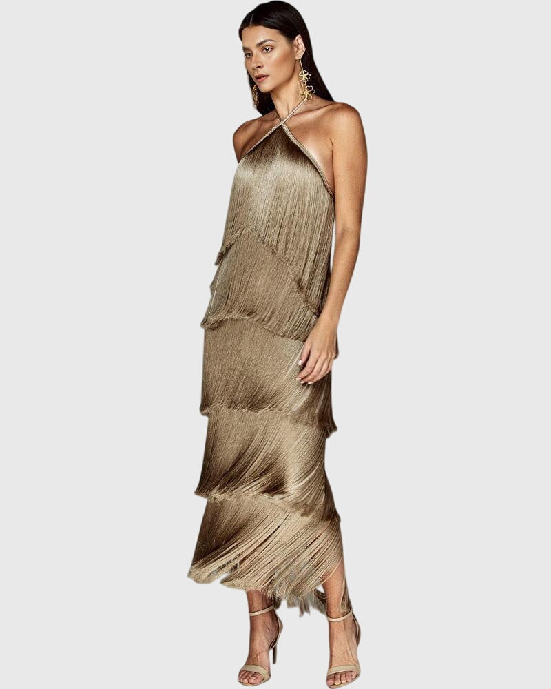 Shelby womens backless halter fringe maxi dress