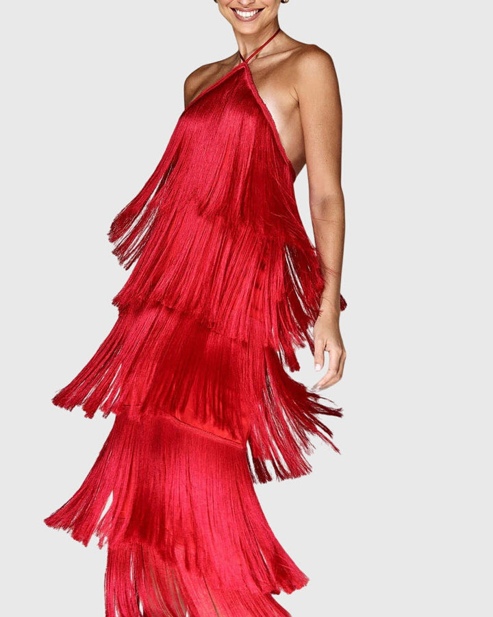 Shelby womens backless halter fringe maxi dress