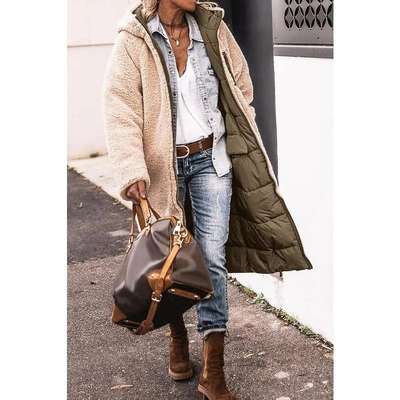 Womens long sherpa-lined quilted coat, view 10