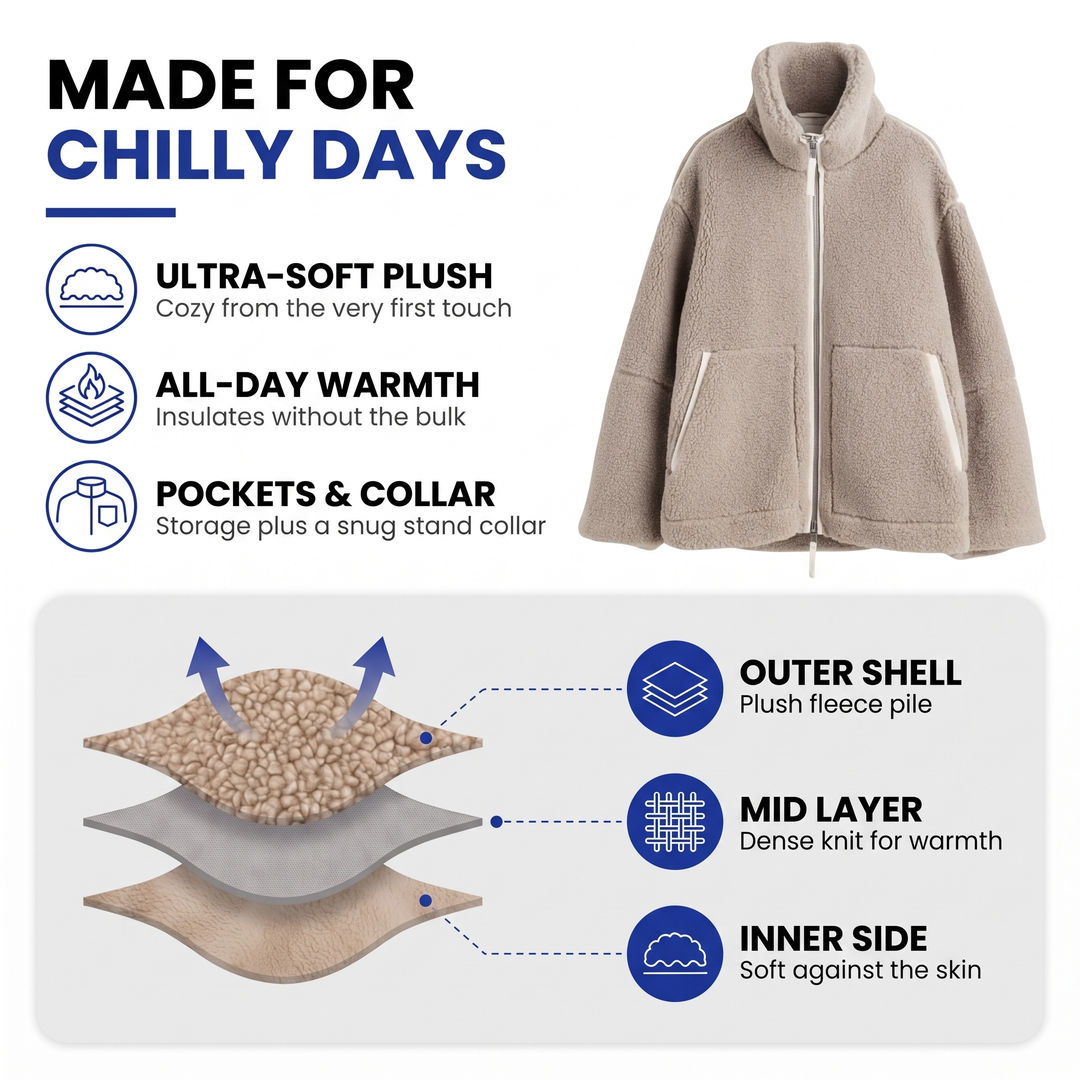 Womens oversized teddy fleece zip jacket, view 4