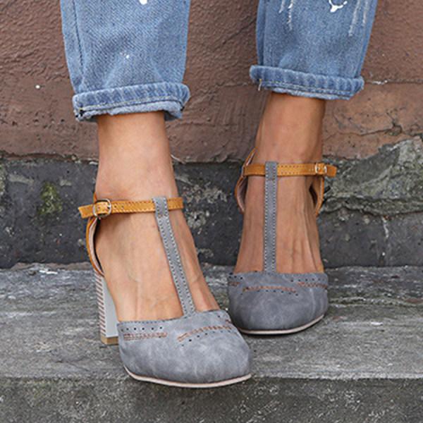 Womens block heel t-bar buckle shoes, view 3