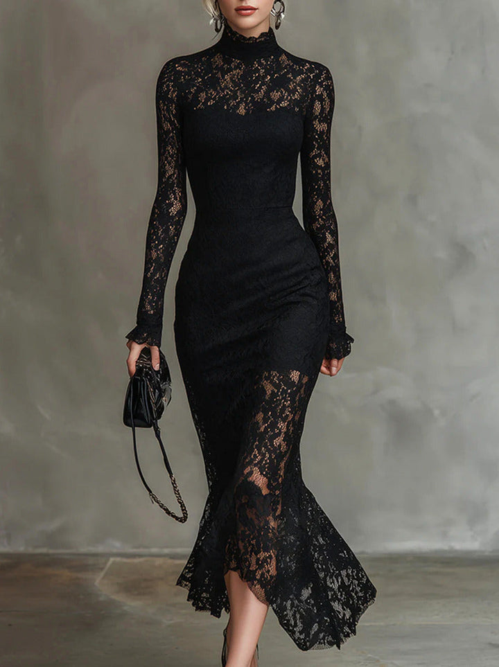 Womens black lace long sleeve midi dress, view 1